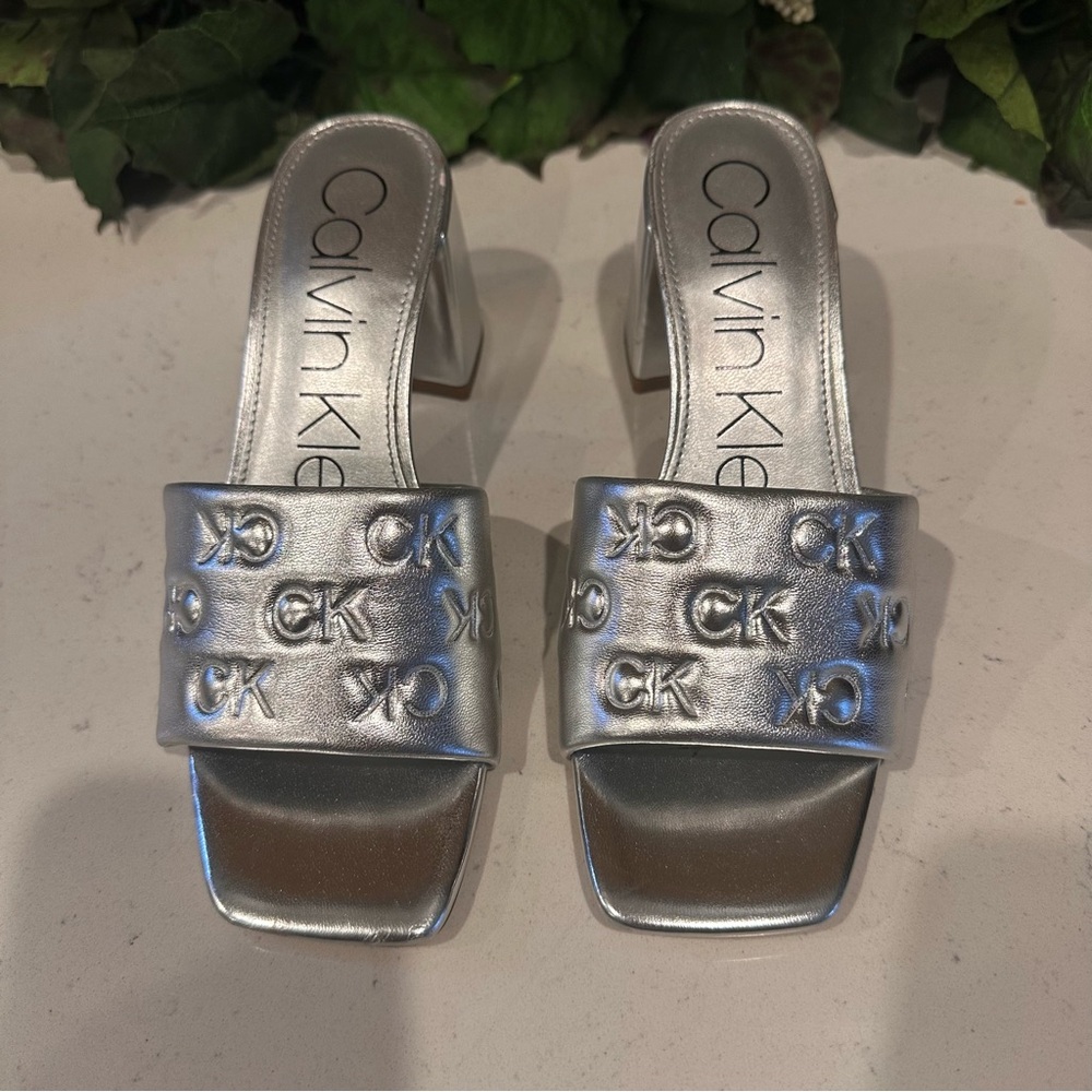 Calvin Klein Silver Metallic Block Heel Slides Embossed CK Logo